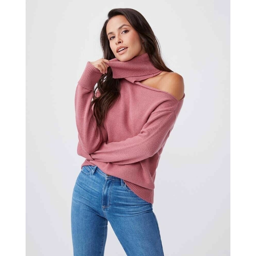 Paige Raundi Wool Blend Cold Shoulder Turtleneck Sweater in Rose Pink | Medium